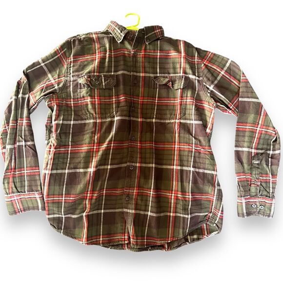 Long Sleeve Checkered Plaid Button Down Flannel Mens Large Green Red Lumberjack - Picture 2 of 16